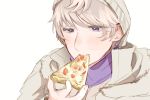  1boy axis_powers_hetalia blush commentary_request down_jacket eating fingernails food fur-trimmed_jacket fur_trim grey_hair hair_between_eyes half-closed_eyes hand_up harutoro_39487 hat holding holding_food holding_pizza jacket looking_at_food looking_down male_focus open_clothes open_jacket pizza pizza_slice purple_eyes purple_scarf russia_(hetalia) scarf short_hair simple_background solo upper_body white_background white_hat white_jacket 