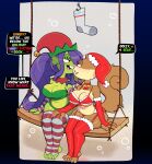 anthro armwear bra buckteeth christmas christmas_clothing clothing duo eel eelie_applebottom elbow_gloves female female/female fish footwear garter_straps gloves hair hair_over_eye handwear hi_res holidays legwear mammal marine nickelodeon panties pattern_clothing pattern_legwear pattern_stockings purple_hair rodent sandy_cheeks sciurid socks somescrub spongebob_squarepants stockings striped_clothing striped_legwear striped_stockings stripes teeth thigh_highs tree_squirrel underwear