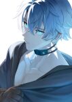  1boy black_choker black_shirt blue_eyes brown_gloves choker closed_mouth collarbone gloves highres honkai:_star_rail honkai_(series) looking_at_viewer male_focus neck_tattoo parted_hair phainon_(honkai:_star_rail) rrrrrin20 sanpaku shirt short_hair simple_background solo sun_symbol sun_tattoo tattoo white_background white_hair 
