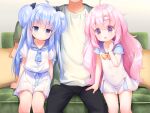  2girls ahoge black_pants blue_bow blue_eyes blue_hair blue_necktie blue_sailor_collar blush bow bowtie buttons closed_mouth collarbone couch double_bun feet_out_of_frame game_cg hair_bow hair_bun hand_up harem_futago_lolita head_out_of_frame large_variant_set long_hair multiple_girls necktie non-web_source open_mouth pants pillow pink_eyes pink_hair pleated_skirt sailor_collar shirt short_sleeves siblings sisters sitting skirt sunao_(harem_futago_lolita) tomari_(harem_futago_lolita) twins usashiro_mani variant_set white_shirt white_skirt yellow_bow yellow_bowtie 