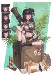  +++ 1girl :d absurdres ahoge anger_vein arm_pouch armband bandaged_knees beer_bottle belt bikini bikini_top_only bikini_under_clothes black_armband black_belt black_boots black_collar black_gloves black_hair blue_eyes blush boots bottle_cap breasts cleavage closed_eyes closed_mouth collar collarbone commentary_request crop_top crying crying_with_eyes_open dog dog_tags full_body gloves goddess_of_victory:_nikke grey_shirt grey_skirt hair_between_eyes half_gloves highres knee_boots knee_up large_breasts long_hair looking_at_viewer looking_to_the_side midriff mole mole_under_eye multiple_expressions navel nose_blush one_side_up open_mouth original red_bikini richiman rocket_launcher shaded_face shadow shirt short_sleeves sidelocks single_bare_shoulder sitting skirt smile squeans sweat swimsuit tears teeth thigh_belt thigh_strap torn_clothes torn_shirt upper_teeth_only weapon weapon_on_back wooden_box wrist_belt zoom_layer 