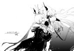  2girls amiya_(arknights) amiya_(medic)_(arknights) animal_ears arknights chinese_commentary civilight_eterna cloak commentary_request cowboy_shot dated demon_horns dress greyscale hands_on_another's_cheeks hands_on_another's_face highres hood hooded_cloak horns jewelry kiss kissing_forehead long_hair long_sleeves looking_at_another maplebyebye monochrome multiple_girls multiple_rings pointy_ears rabbit_ears ring tearing_up theresa_(arknights) torn_cloak torn_clothes very_long_hair 