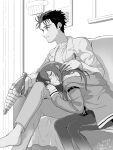  1boy 1girl arm_belt barefoot beard_stubble black_hair black_pantyhose black_shorts blush breast_pocket breasts brown_hair brown_jacket closed_eyes collared_shirt commentary_request couch couple crossed_legs facial_hair future_gadget_lab greyscale hair_between_eyes hair_over_shoulder happy head_on_another's_leg hetero highres holding_ray_gun indoors jacket jacket_partially_removed lab_coat lapels leather_belt light_blush long_hair looking_ahead makise_kurisu monochrome necktie notched_lapels object_in_pocket okabe_rintarou pants pantyhose pen_in_pocket pocket rocni science_adventure shirt shorts sitting small_breasts smile steins;gate stubble white_shirt 