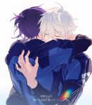  2boys arm_around_shoulder blue_lock blue_shirt closed_eyes commentary_request coulforillust from_behind hand_on_another's_back highres hug layered_sleeves long_sleeves male_focus mikage_reo multiple_boys mutual_hug nagi_seishirou ponytail purple_hair shirt short_over_long_sleeves short_ponytail short_sleeves soccer_uniform sportswear translation_request upper_body white_hair 