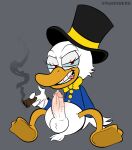 4_fingers anatid anseriform anthro avian balls beak bird blue_sclera bodily_fluids bow_tie cigar clothed clothing cum digital_media_(artwork) doctor_futterman duck erection eyelashes feathers feet fingers genital_fluids genitals headgear headwear hi_res humanoid_genitalia humanoid_penis looking_at_viewer male mammal outlast penile penis precum red_eyes solo tail teeth tongue tongue_out tongue_through_teeth toony vein veiny_penis vwhiskers