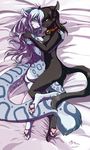  bed bell breasts butt cat collar crossgender feline female hair leopard lesbian long_hair looking_at_viewer lying mammal mingchee notched_ear nude red_eyes resine salem smile snow_leopard spots 