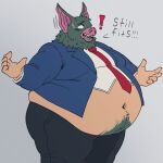 anthro bat belly big_belly big_butt black_bottomwear black_clothing black_pants blue_clothing blue_jacket blue_topwear bodily_fluids bottomwear butt clothing dialogue english_text exclamation_point fruppyo hi_res jacket male mammal moobs navel necktie obese obese_anthro obese_male open_mouth overweight overweight_anthro overweight_male pants red_necktie shirt solo sonar_(dispatch) suit sweat sweatdrop text thick_thighs tight_clothing topwear white_clothing white_shirt white_topwear