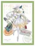  1girl :d absurdres artist_name bag bandaged_leg bandages bare_shoulders black_ribbon blue_eyes blue_flower border braid breasts cake cake_slice collared_dress commentary_request cup detached_sleeves dress flower food fork full_body goroku green_border hat highres holding holding_bag long_hair long_sleeves looking_at_viewer low_twintails medium_breasts original puffy_long_sleeves puffy_sleeves ribbon see-through_clothes see-through_dress shoes sleeveless sleeveless_dress smile solo spoon teacup thighhighs twin_braids twintails very_long_hair white_background white_dress white_hair white_hat white_shoes white_sleeves white_thighhighs 