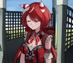  1girl absurdres animal_ears cleavage_cutout closed_eyes clothing_cutout commentary dress english_commentary frilled_dress frills highres horse_ears neeevirus red_hair sleeping sleeping_upright solo starting_block umamusume win_variation_(dramatic_tutu)_(umamusume) win_variation_(umamusume) 