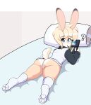 absurd_res anthro bed blonde_hair blue_eyes bottomless butt clothed clothing dipstick_ears dipstick_fingers dipstick_tail ear_markings food footwear fur furniture hair hi_res lagomorph leporid looking_at_viewer lying male mammal markings multicolored_ears nintendo nintendo_3ds nintendo_ds_family on_front orange_body orange_fur pawpads pillow popsicle popsicle_in_mouth question_mark rabbit raised_tail shirt socks solo tail tail_markings topwear video_game_console whiskers white_body white_fur yngwie_(zelripheth) zelripheth