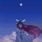  1girl 624_itumo bare_shoulders black_hair closed_eyes columbina_(genshin_impact) dress genshin_impact hair_ornament head_wings highres long_hair moon multicolored_hair pink_hair ribbon sky solo streaked_hair two-tone_hair very_long_hair white_dress wings 
