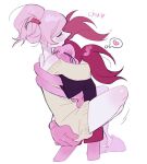  2girls alternate_costume alternate_hairstyle bare_shoulders black_shirt blush carrying casual closed_eyes colored_skin commentary english_text extendable_limbs gem_(steven_universe) gloves grabbing_another's_ass groping hair_bun happame heart hug hug_carry image_in_thought_bubble knee_blush leg_lock makeup messy_hair morning_after multiple_girls naked_sweater oversized_clothes oversized_shirt oversized_sweater pink_hair pink_pearl_(steven_universe) pink_shorts pink_skin runny_makeup shirt short_twintails shorts sleeveless sleeveless_sweater slippers speech_bubble spinel_(steven_universe) standing_leg_lock steven_universe sweater thought_bubble translated twintails white_skin yellow_sweater yuri 