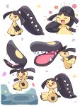  1girl absurdres colored_skin commentary_request extra_mouth flower full_body highres looking_back mawile neko_gyoza open_mouth pokemon pokemon_(creature) red_eyes simple_background star_(symbol) teeth white_background yellow_skin 