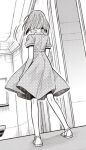  1girl collared_dress contrast_collar dress facing_away from_behind full_body greyscale hara_tsumoi indoors kono_shima_ni_wa_midara_de_jaaku_na_mono_ga_sumu monochrome non-web_source sandals short_hair short_sleeves standing yoruto_umi 