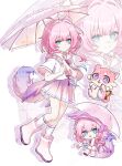  1girl absurdres aged_down alternate_costume blue_eyes boots chimera_(honkai:_star_rail) chinese_commentary commentary_request cyrene_(aedes_elysiae)_(honkai:_star_rail) cyrene_(honkai:_star_rail) hair_ornament highres holding holding_umbrella honkai:_star_rail honkai_(series) hooded_shirt kemonomimi_mode looking_at_viewer mkudazhen multicolored_hair multiple_views pink_boots pink_hair pink_skirt pink_tail shirt short_hair skirt smile two-tone_hair umbrella white_hair white_shirt zoom_layer 