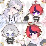  2boys :> :3 :d ahoge aotsuki_eito armband belt black_gloves black_jacket black_streaks blue_eyes character_doll commentary_request doll gakuran glasses gloves grey_hair grey_jacket highres hood hoodie jacket jacket_over_hoodie last_defense_academy_school_uniform looking_at_another male_focus multicolored_hair multiple_boys open_clothes open_jacket pointing pointing_at_another purple_eyes red_hair ringed_eyes school_uniform short_hair smile split_screen streaked_hair sumino_takumi the_hundred_line_-last_defense_academy- variant_set white_armband white_belt white_hoodie white_jacket xinjinjumin731189037684 