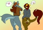  &hearts; &lt;3 anthro back balls bottomless breasts brown brown_fur butt canine clothed clothing couple dickgirl duo feathers fur gradient_background green_nipples grey grey_fur hair half-dressed hat-kun hoodie horn intersex jacket kame kame-sama88 long_hair long_tail mammal nipple_piercing nipple_ring nipples piercing red_hair side_boob wolf 