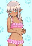  1girl absurdres bare_shoulders bikini blue_background blue_eyes blunt_bangs blush breasts cowboy_shot dark-skinned_female dark_elf dark_skin elf embarrassed frilled_bikini frills grey_hair groin highres hip_bones karla_(kono_healer_mendokusai) kono_healer_mendokusai long_hair looking_at_viewer midriff official_art pink_bikini pointy_ears small_breasts solo stomach swimsuit tannen_ni_hakkou wavy_mouth 