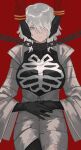  1girl 1other black_dress black_gloves breasts chain coat collar cowboy_shot dante_(limbus_company) dress e.g.o_(project_moon) faust_(project_moon) gloves highres ivy_(675671) large_breasts limbus_company metal_collar out_of_frame project_moon red_background simple_background skeleton_print thoracalgia_(e.g.o) white_coat wide_sleeves zipper_pull_tab 