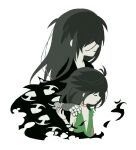  1boy 1girl black_hair closed_eyes closed_mouth commentary_request dororo_(character) dororo_(tezuka) expressionless hair_over_eyes hand_on_another's_shoulder highres hyakkimaru_(dororo) long_hair long_sleeves prosthesis prosthetic_arm simple_background tanba_(tanba-art) white_background 