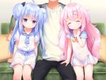  2girls ^_^ ahoge black_pants blue_bow blue_eyes blue_hair blue_necktie blue_sailor_collar blush bow bowtie buttons closed_eyes closed_mouth collarbone couch double_bun feet_out_of_frame game_cg hair_bow hair_bun hand_up harem_futago_lolita head_out_of_frame large_variant_set long_hair multiple_girls necktie non-web_source pants pillow pink_hair pleated_skirt sailor_collar shirt short_sleeves siblings sisters sitting skirt smile sunao_(harem_futago_lolita) tomari_(harem_futago_lolita) twins usashiro_mani variant_set white_shirt white_skirt yellow_bow yellow_bowtie 