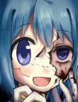 1girl blood blood_on_face blood_on_hands blue_eyes blue_hair broken_mask close-up commentary_request crack cracked_kawaii_mask empty_eyes gloves highres mahou_shoujo_madoka_magica mahou_shoujo_madoka_magica_(anime) mask miki_sayaka miki_sayaka_(magical_girl) open_mouth short_hair smile solo tearing_up white_gloves yoshida_(ftw08y) 