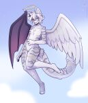 1_horn 2023 4_fingers ambiguous_species anthro arm_markings azrael_(wulfypaws) blue_eyes chest_markings claws curved_horn dark_horn dipstick_ears dipstick_horn dragon_wing ear_markings fangs feathered_wings feathers feet fingers fleurfurr flying fur hair halo handpaw head_horn heterochromia hi_res hindpaw horn leg_markings male markings multicolored_body multicolored_ears multicolored_fur multicolored_horn multicolored_tail multicolored_wings neck_markings paws red_eyes sharp_horn small_fangs smile solo spread_wings tail tail_markings teeth thigh_markings toe_claws white_body white_ear_tips white_fur white_hair wing_horns wings