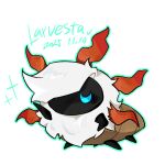  animal_focus blue_eyes blue_outline bug character_name closed_eyes commentary dated foreigner_(pixiv_119387446) grey_hair hair_over_one_eye hand_on_own_hip highres larvesta no_humans one_eye_covered outline pokemon pokemon_(creature) simple_background smug solo sparkle u_u white_background 