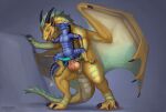 abdominal_bulge anal anal_penetration animal_genitalia anthro anus black_claws black_horn blue_body blue_penis blue_scales bodily_fluids claws cum cum_inflation cum_inside deanosaior dragon duo feral genital_fluids genital_slit genitals hi_res horn inflation knot male male/male membrane_(anatomy) membranous_wings mythological_creature mythological_scalie mythology penetration penis pink_anus pink_knot pink_penis scales scalie ventral_scales wings yellow_body yellow_scales
