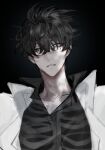  1boy absurdres aegyo_sal bags_under_eyes black_eyes black_hair black_shirt coat collared_shirt commentary_request hair_between_eyes hayu_beck highres kim_dokja korean_commentary looking_at_viewer male_focus messy_hair omniscient_reader's_viewpoint open_clothes open_coat popped_collar ribs shirt short_hair skeleton solo upper_body white_coat x-ray 