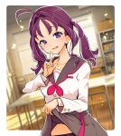  1girl ahoge black_panties blurry blurry_background classroom clothes_lift commentary_request day grey_sailor_collar grey_skirt hamuhamu hanamichi_middle_school_uniform index_finger_raised indoors kimi_to_idol_precure lifting_own_clothes light_particles long_sleeves looking_at_viewer medium_hair miniskirt neckerchief open_mouth panties partial_commentary pleated_skirt precure purple_eyes purple_hair red_neckerchief sailor_collar school_uniform shigure_kokoro shirt skirt skirt_lift smile solo standing twintails underwear white_shirt 