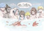  4girls 6+boys 80850love_fu alternate_hairstyle autumn_leaves bandana bathing black_hair blonde_hair blue_bandana blue_eyes blush brown_hair chibi chibi_inset closed_eyes commentary_request cowlick creature dark-skinned_male dark_skin dog_tags dreadlocks earrings ellone facial_tattoo fang final_fantasy final_fantasy_viii furrowed_brow highres irvine_kinneas jewelry kiros_seagill laguna_loire leaf long_hair male_focus moomba multiple_boys multiple_girls muscular muscular_male onsen open_mouth parted_bangs partially_submerged ponytail quistis_trepe rinoa_heartilly scar scar_on_face scar_on_forehead seifer_almasy selphie_tilmitt sharp_teeth short_hair smile squall_leonhart sweatdrop swimming tattoo teeth topless_male towel towel_around_neck towel_on_head updo ward_zabac wet zell_dincht 