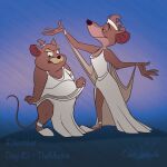 2024 accessory anthro atimon basil_(disney) clothed clothing crossdressing crossdressing_male david_dawson disney disney's_hercules dress duo facial_hair footwear fur hair hair_accessory hairband male mammal mouse mouth_closed murid murine mustache narrowed_eyes open_mouth pose raised_tail rodent shoes signature tail text the_great_mouse_detective