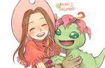  :d ayame_(artist) blush brown_hair character_name claws closed_eyes cowboy_hat digimon digimon_adventure fringe_trim gloves green_eyes hat long_hair open_mouth palmon sharp_teeth smile tachikawa_mimi teeth 