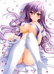  :o absurdres blush bra bra_pull breasts highres kanna_(plum) knees_together_feet_apart koisuru_koto_to_mitsuketari! large_breasts lying nipples panties petals purple_hair shirt_lift skirt skirt_lift solo takanoha_mira thighhighs underwear 