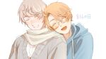  2boys ahoge america_(hetalia) axis_powers_hetalia blonde_hair blue_hoodie blush closed_eyes dated glasses grey-framed_eyewear grey_sweater hair_between_eyes happy harutoro_39487 hashtag-only_commentary head_on_another's_shoulder hood hoodie long_sleeves male_focus multiple_boys open_mouth russia_(hetalia) scarf semi-rimless_eyewear shirt short_hair simple_background smile sweater teeth upper_body white_background white_hair white_scarf white_shirt 