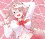  1girl a12nakashima blush breasts breasts_day commentary_request good_breasts_day large_breasts long_hair long_sleeves looking_at_viewer midriff navel open_mouth original partially_unzipped pill pink_background pink_hair pink_sailor_collar pink_skirt pleated_skirt sailor_collar school_uniform serafuku shirt skirt solo white_shirt 