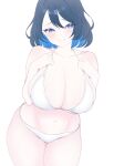  1girl bikini black_hair blue_eyes blue_hair bob_cut breasts cleavage closed_mouth collarbone colored_inner_hair cowboy_shot double-parted_bangs hair_between_eyes hashtag-only_commentary highres hololive hololive_english huge_breasts medium_hair mintikmeow multicolored_hair navel ouro_kronii simple_background smile solo swimsuit thighs white_background white_bikini 