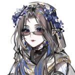  1girl armband black_armband black_shirt blue_eyes blue_eyeshadow blue_flower brown_hair chinese_commentary cloak closed_mouth commentary_request expressionless eyes_visible_through_hair eyeshadow flower hair_flower hair_ornament hood hood_up hooded_cloak infinity_nikki light_blush lipstick long_hair makeup mascara nikki_(series) pendant_earring pointy_ears red-tinted_eyewear red_lips seawave02974 shirt shoulder_tattoo simple_background sleeveless sleeveless_shirt solo stylist_(nikki) sunglasses tattoo thick_eyebrows tinted_eyewear upper_body white_background white_cloak yellow-framed_eyewear 