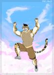 absurd_res animal_humanoid anthro athletic_wear black_hair bottomwear brown_eyes claws clothed clothing cloud cloudy_sky ears_up felid felid_humanoid felide feline feral footwear fur gradient_background gym_bottomwear gym_shorts hair hi_res humanoid jumping long_tail male mammal mammal_humanoid muscular muscular_anthro muscular_male orange_body orange_fur pantherine pantherine_humanoid shoes shorts simple_background sky skyscape smiley_face sneakers solo striped_body striped_fur stripes sweater sweater_vest tail teeth tiger tiger_humanoid topwear vest white_body white_fur