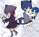  3boys ahoge animal_ears bed_sheet blue_hair blush bow bowtie brother_and_sister brothers cat_ears character_doll closed_eyes dress family fate/zero fate_(series) father_and_son formal kemonomimi_mode matou_byakuya matou_kariya matou_sakura matou_shinji multiple_boys purple_hair ribbon siblings sleeping stuffed_toy suit tail wavy_hair white_hair ximsol182 younger 