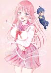  1boy 1girl a12nakashima arm_under_breasts black_hair blush bow bowtie cat commentary_request cowboy_shot gakuran highres long_hair long_sleeves looking_at_viewer open_mouth original pill pink_background pink_hair pink_sailor_collar pink_skirt red_bow red_bowtie sailor_collar school_uniform serafuku shirt skirt solo_focus white_shirt 