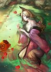  animal_ears breasts brown_hair closed_eyes collarbone flower fox_ears fox_tail japanese_clothes kimono long_hair lying medium_breasts narongchai_singhapand off_shoulder on_side original solo tail water 