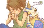  ayame_(artist) blonde_hair blush character_name closed_eyes creature digimon digimon_adventure gabumon harmonica horn instrument ishida_yamato male_focus music no_gloves sharp_teeth sleeping teeth 