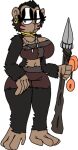 5_fingers anthro ape black_body black_fur blue_eyes breasts brown_body brown_skin clothing collar female fingers fur haplorhine mammal melee_weapon polearm primate solo spear topwear tribal underwear wannapossums weapon