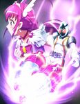  armor belt blush bow choker crossover cure_happy drill earrings electricity glowing head_wings hoshizora_miyuki jewelry kamen_rider kamen_rider_fourze kamen_rider_fourze_(series) kicking long_hair magical_girl pink_bow pink_choker pink_eyes pink_hair precure red_eyes smile_precure! star_(sky) tiara tj-type1 twintails 