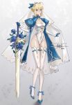  1girl absurdres adapted_costume ahoge artist_name artoria_pendragon_(fate) blue_dress bridal_veil character_name commentary dress english_commentary excalibur_(fate/stay_night) fate/stay_night fate_(series) full_body green_eyes highres juliet_sleeves leotard long_sleeves princess_ailish puffy_sleeves saber_(fate) signature solo thighhighs tiara veil white_leotard 