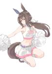  1girl admire_vega_(umamusume) animal_ears bare_shoulders belt blush breasts brown_hair commentary_request crop_top ear_covers hair_between_eyes highres holding holding_pom_poms horse_ears horse_girl horse_tail long_hair low_ponytail medium_breasts midriff navel parted_lips pleated_skirt pom_pom_(cheerleading) ponytail purple_belt purple_eyes shirt shoes simple_background single_ear_cover skirt sleeveless sleeveless_shirt socks solo star_(symbol) star_ornament tail umamusume umamusume:_road_to_the_top white_background white_shirt white_skirt white_socks yoiisand 