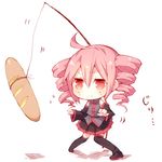  ahoge baguette boots bread chibi detached_sleeves drill_hair fishing_rod food kasane_teto niwako pink_eyes pink_hair skirt solo sweatdrop thigh_boots thighhighs twin_drills twintails utau 