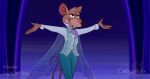 2023 anthro atimon basil_(disney) bottomwear buckteeth cape clothed clothing disney elsa_(frozen) frozen_(disney) fur hair male mammal mouse murid murine open_mouth pants rodent shirt signature solo sparkles sparkling_clothing spread_arms spreading standing teeth text the_great_mouse_detective topwear vest